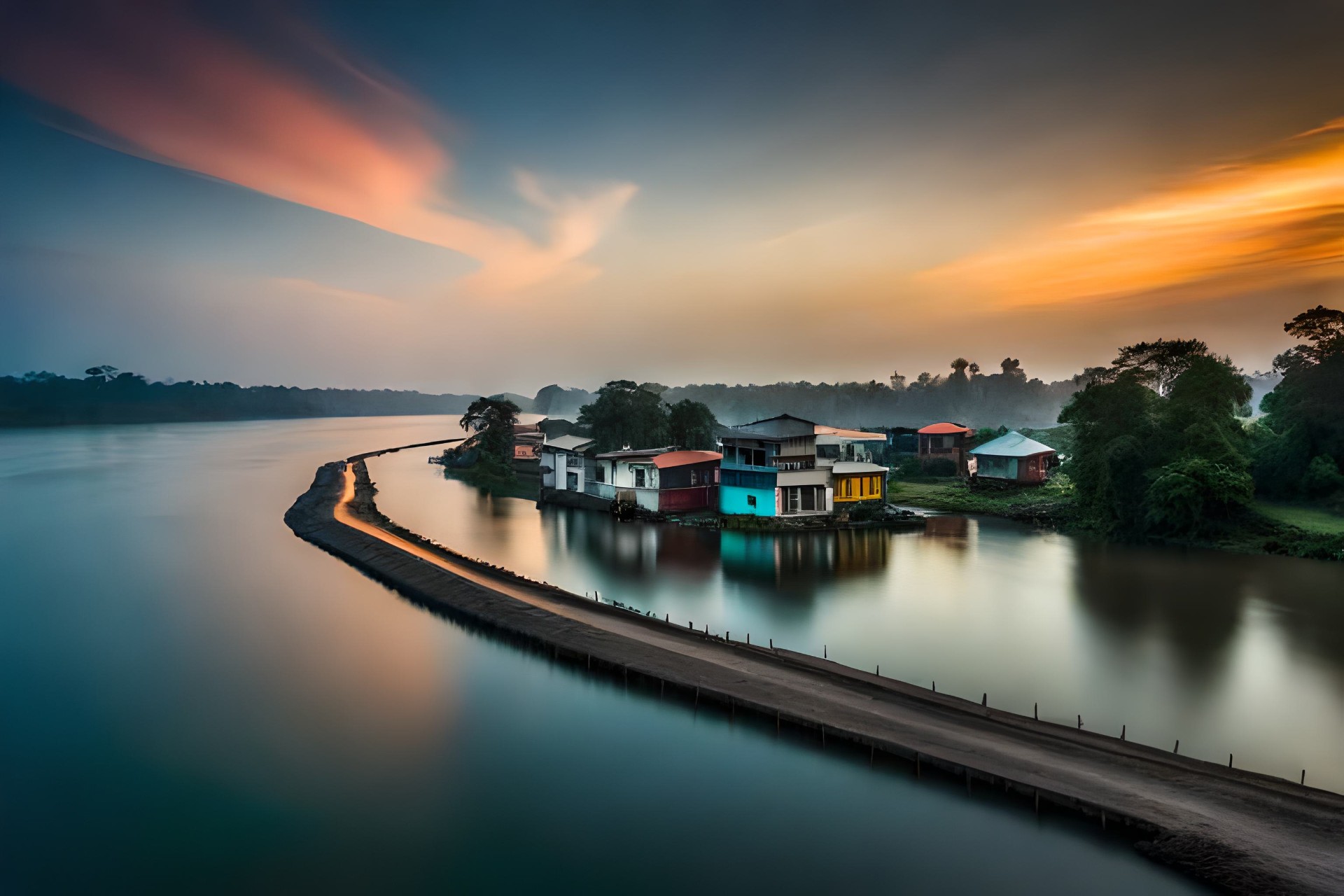 Colorful Latin American riverside village at sunset